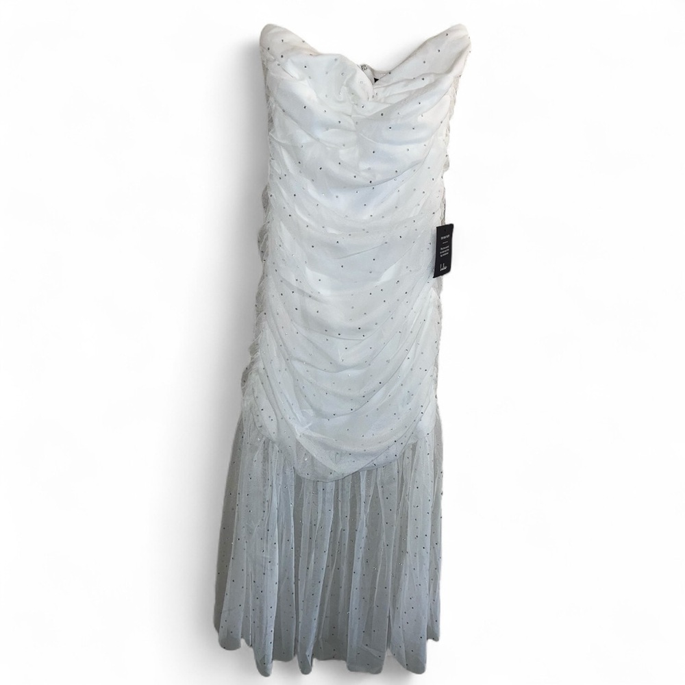 Lulus Sparkling Babe White Mesh Rhinestone Ruched Strapless Midi Dress - Picture 11 of 11